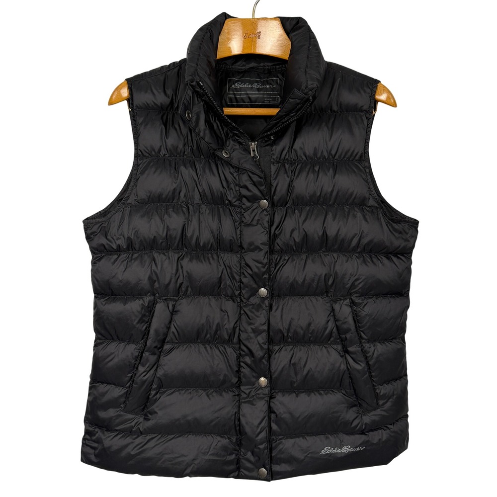 Eddie Bauer Down Puffer Vest Women's Large Black Full Zip Snap Lightweight